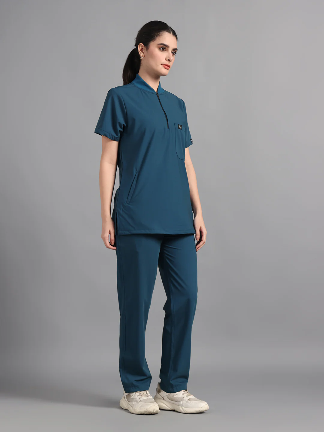 Stretchable (4Way) Peacock Blue Women Flex Zip Neckline Top With Straight Pants - Image 5