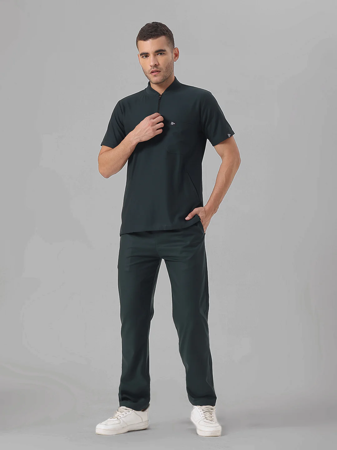 Stretchable (4Way) Midnight Green Men Flex Zip Neckline Top With Straight Pants