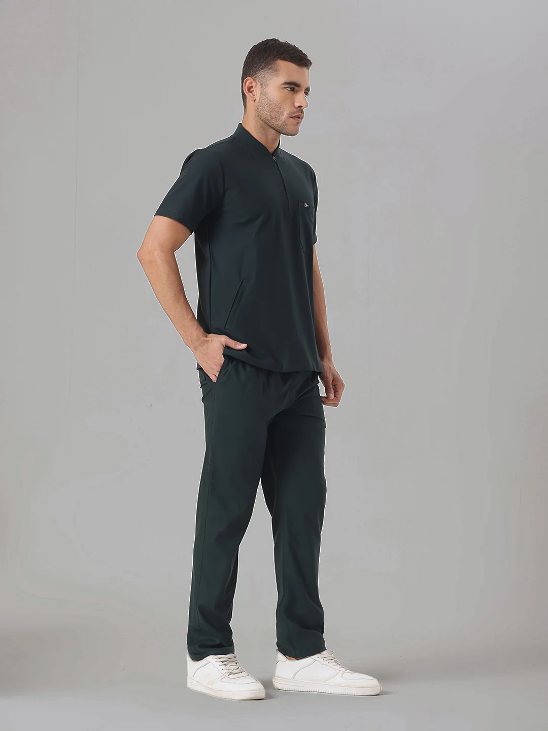 Stretchable (4Way) Midnight Green Men Flex Zip Neckline Top With Straight Pants - Image 3