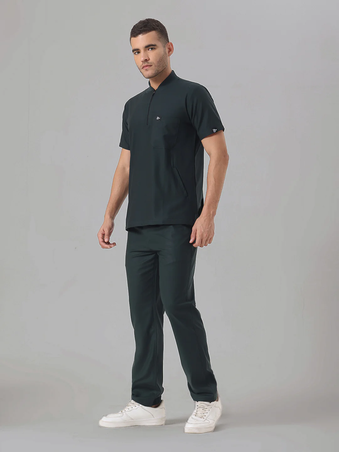 Stretchable (4Way) Midnight Green Men Flex Zip Neckline Top With Straight Pants - Image 4