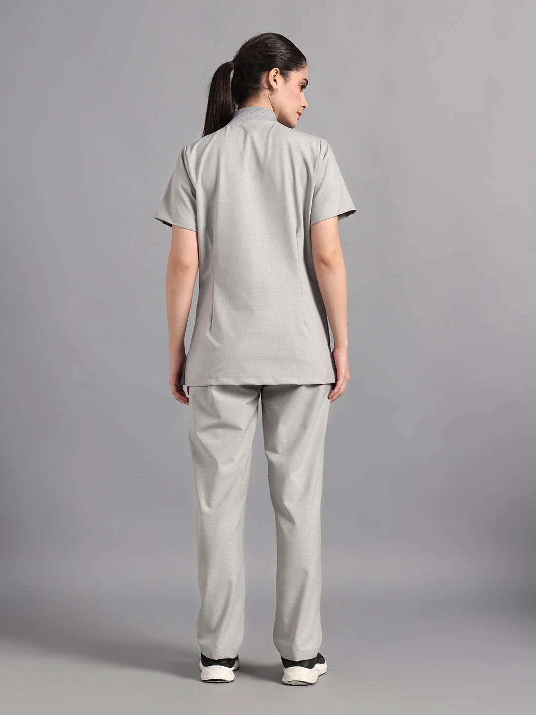 Stretchable (4Way) Light Grey Women Flex Zip Neckline Top With Straight Pants - Image 3