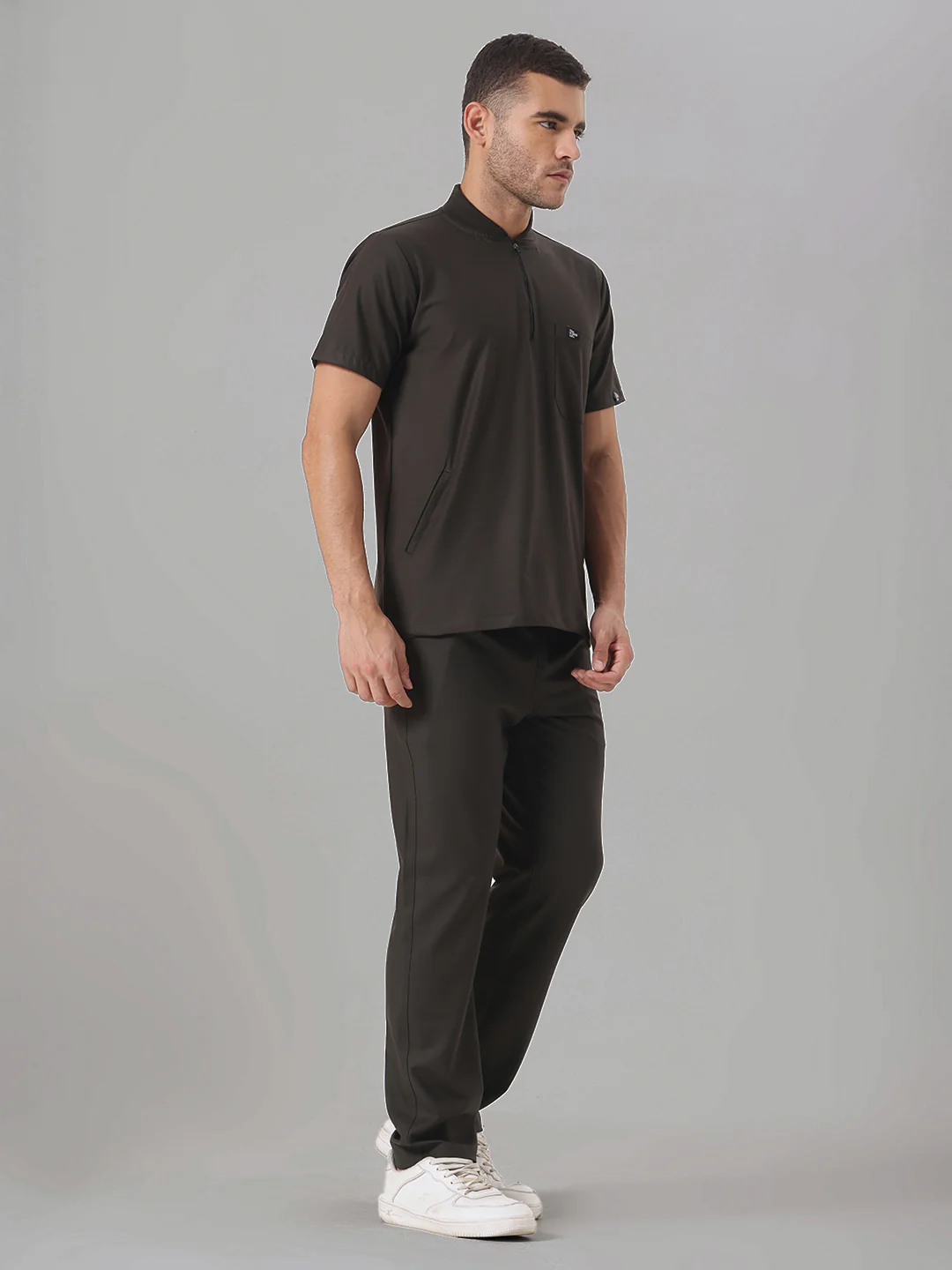 Stretchable (4Way) Olive Green Men Flex Zip Neckline Top With Straight Pants - Image 4