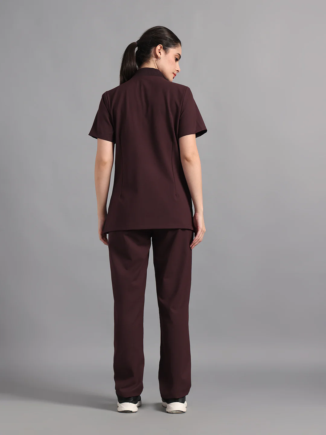 Stretchable (4Way) Burgundy Women Flex Zip Neckline Top With Straight Pants - Image 3