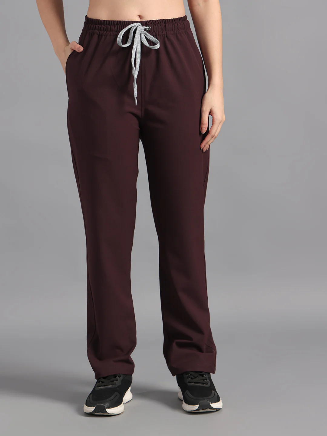 Stretchable (4Way) Burgundy Women Flex Zip Neckline Top With Straight Pants - Image 4