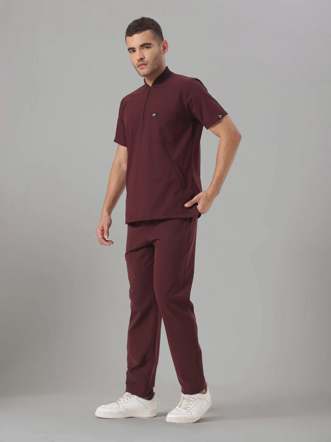 Stretchable (4Way) Burgundy Men Flex Zip Neckline Top With Straight Pants - Image 4