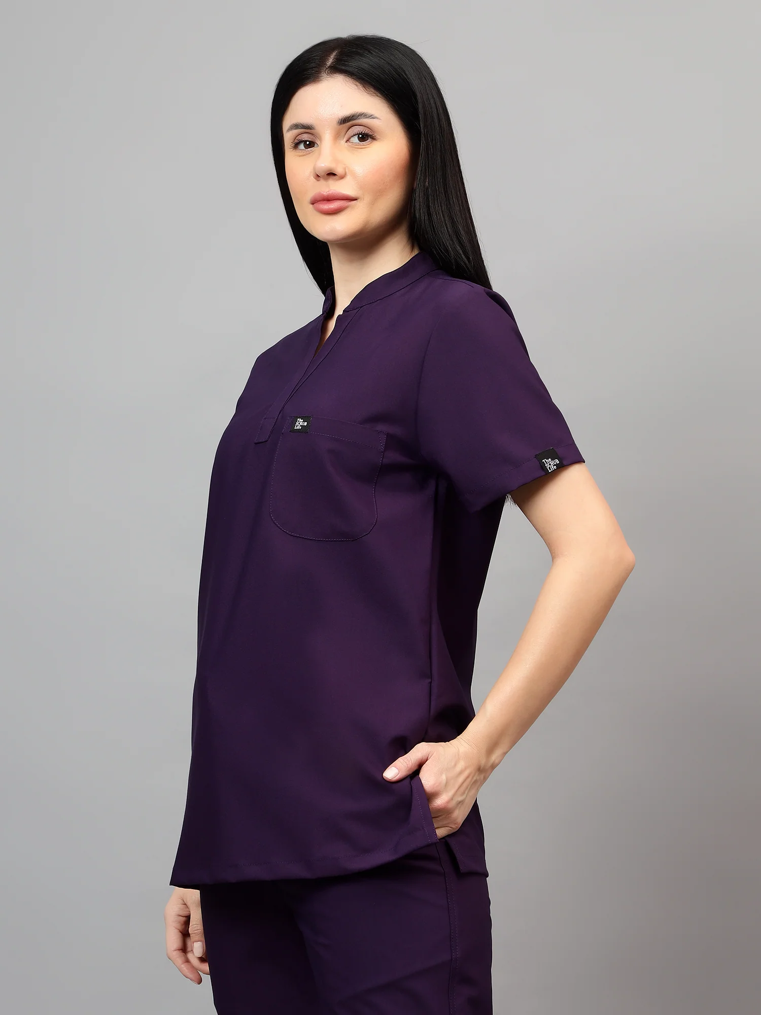 Stretchable (4Way) Women Violet Mandarin Neck Scrub Top - Image 2