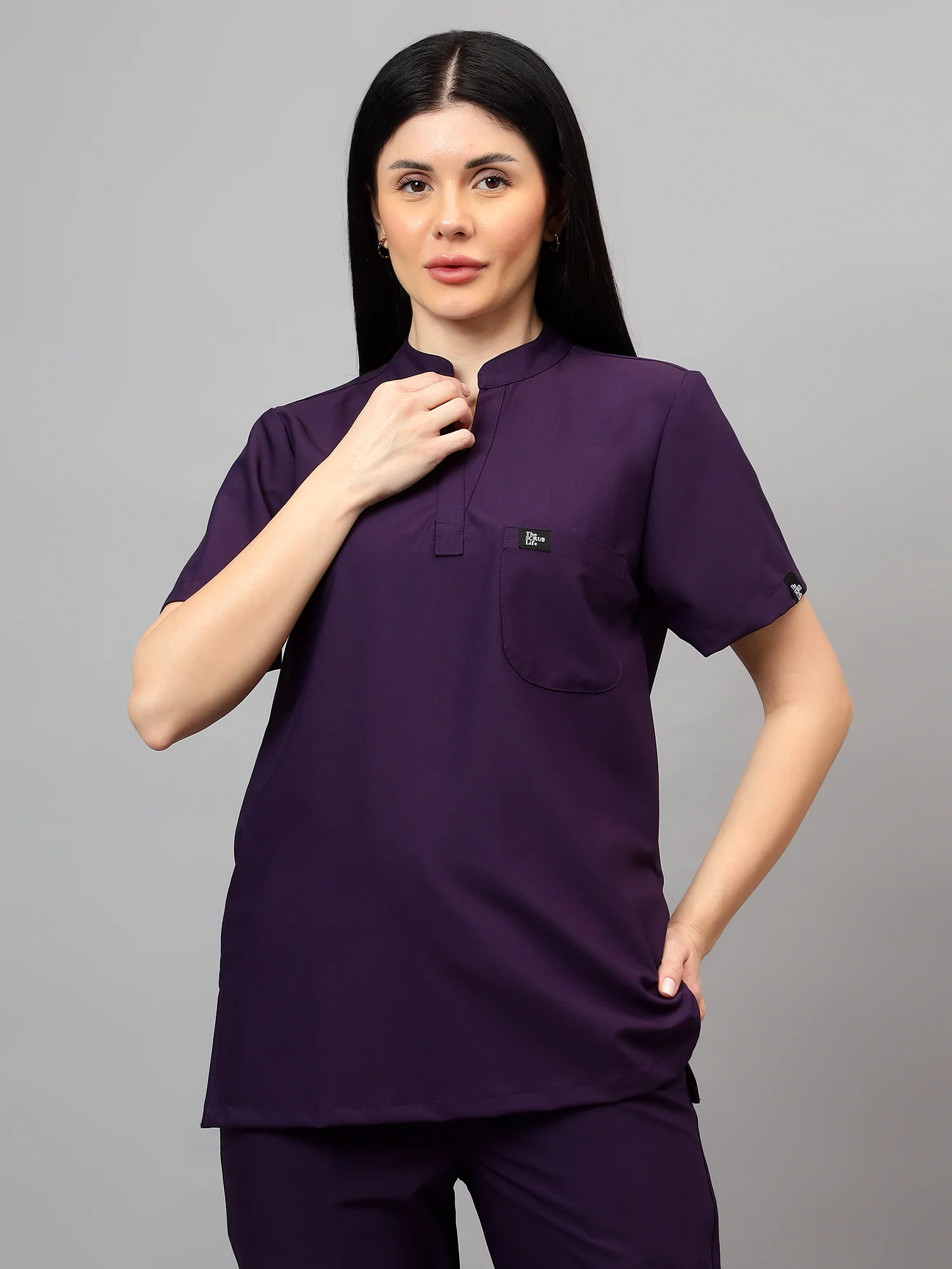 Stretchable (4Way) Female Violet Mandarin Neck With Jogger Scrub Set - Image 5