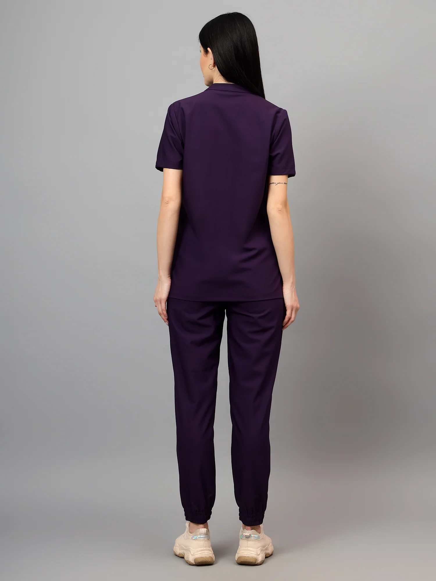 Stretchable (4Way) Female Violet Mandarin Neck With Jogger Scrub Set - Image 7