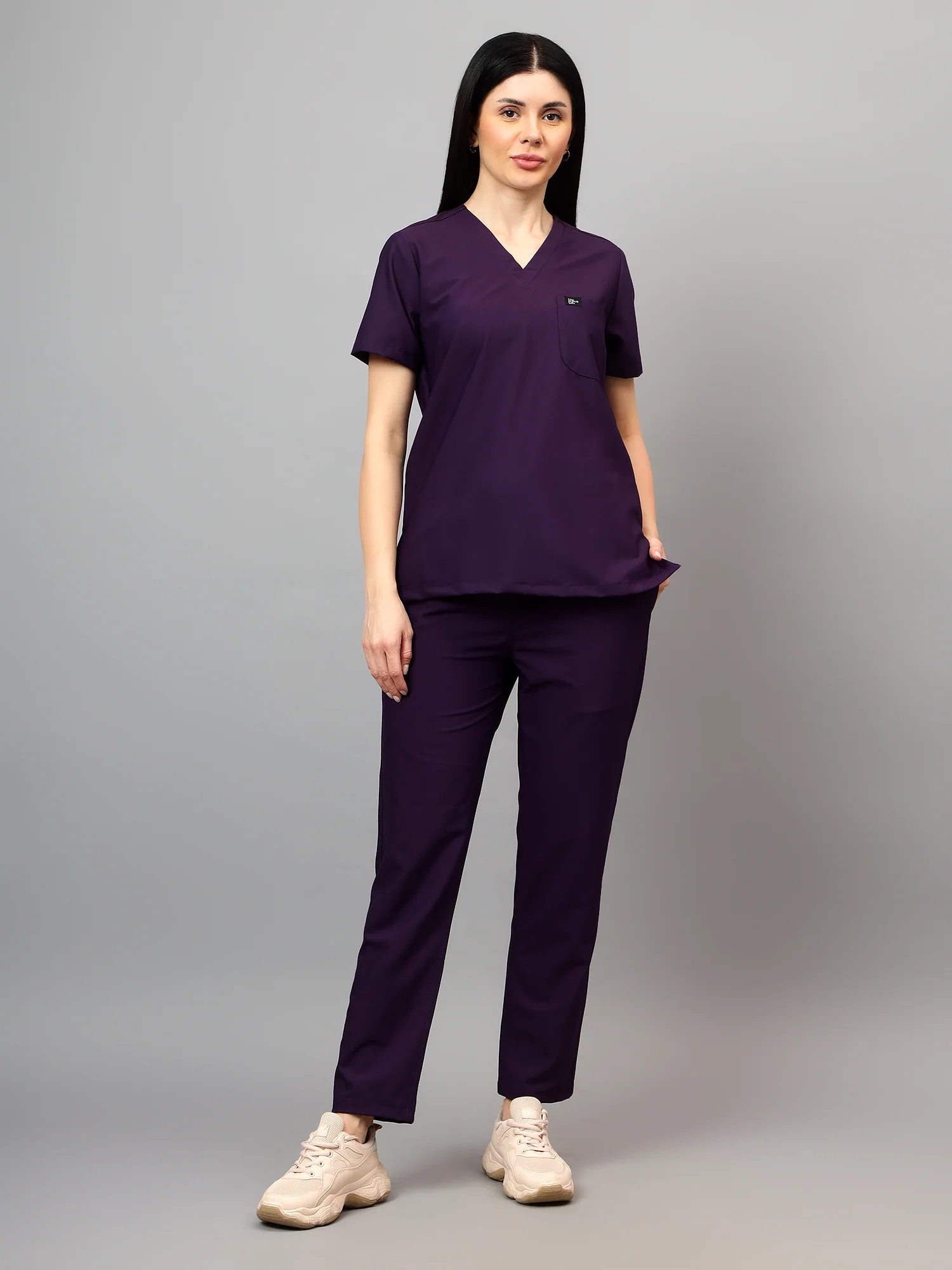 Stretchable (4Way) Women Violet V-Neck With Straight Pant Scrub Set - Image 2