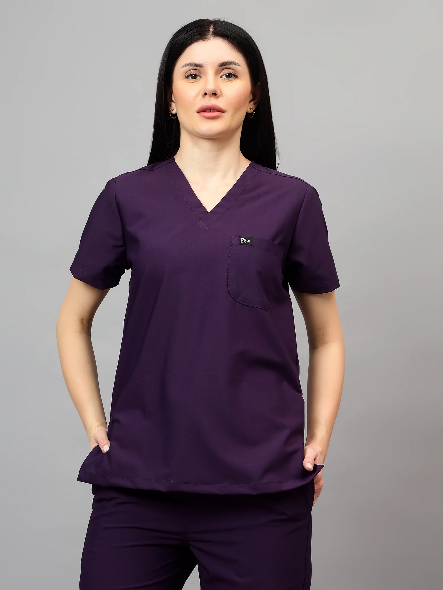 Stretchable (4Way) Women Violet V-Neck With Straight Pant Scrub Set - Image 3