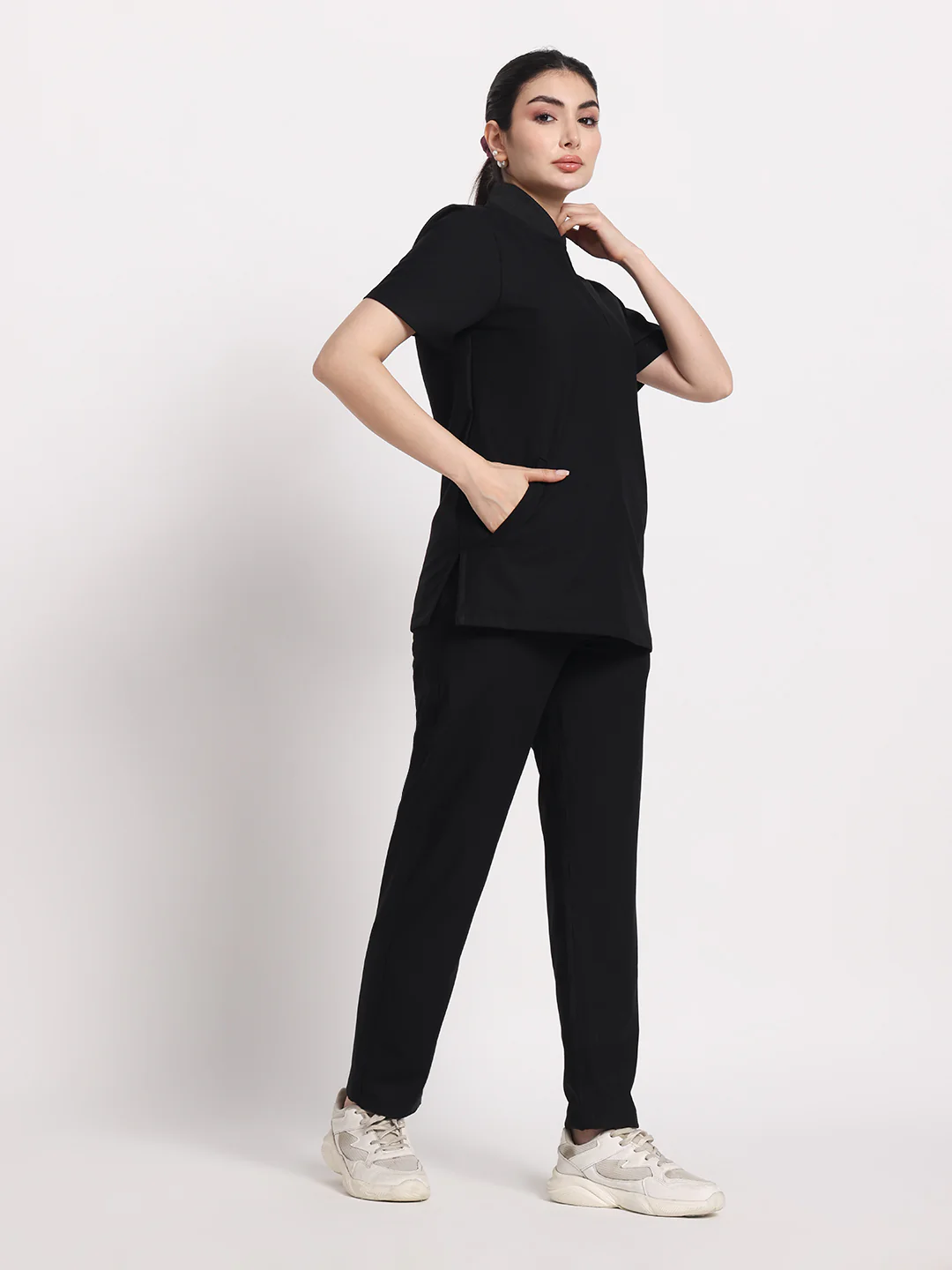 Stretchable (4Way) Black Women Flex Zip Neckline Top With Straight Pants - Image 5