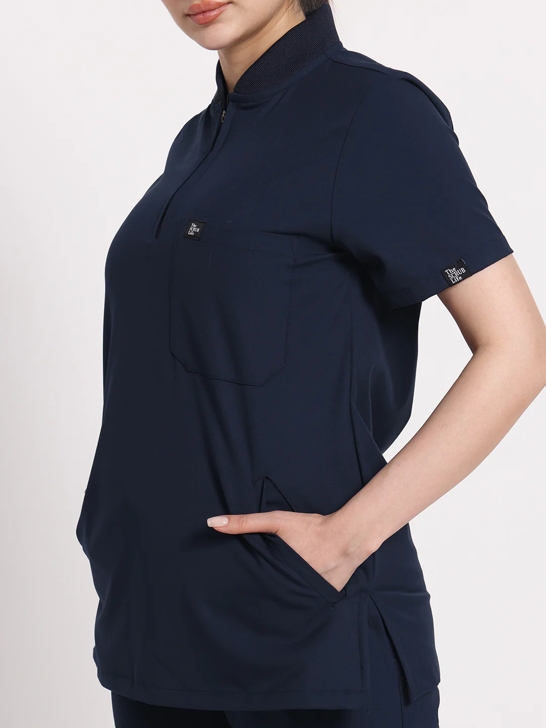 Stretchable (4Way) Navy Blue Women Flex Zip Neckline Top With Straight Pants - Image 4