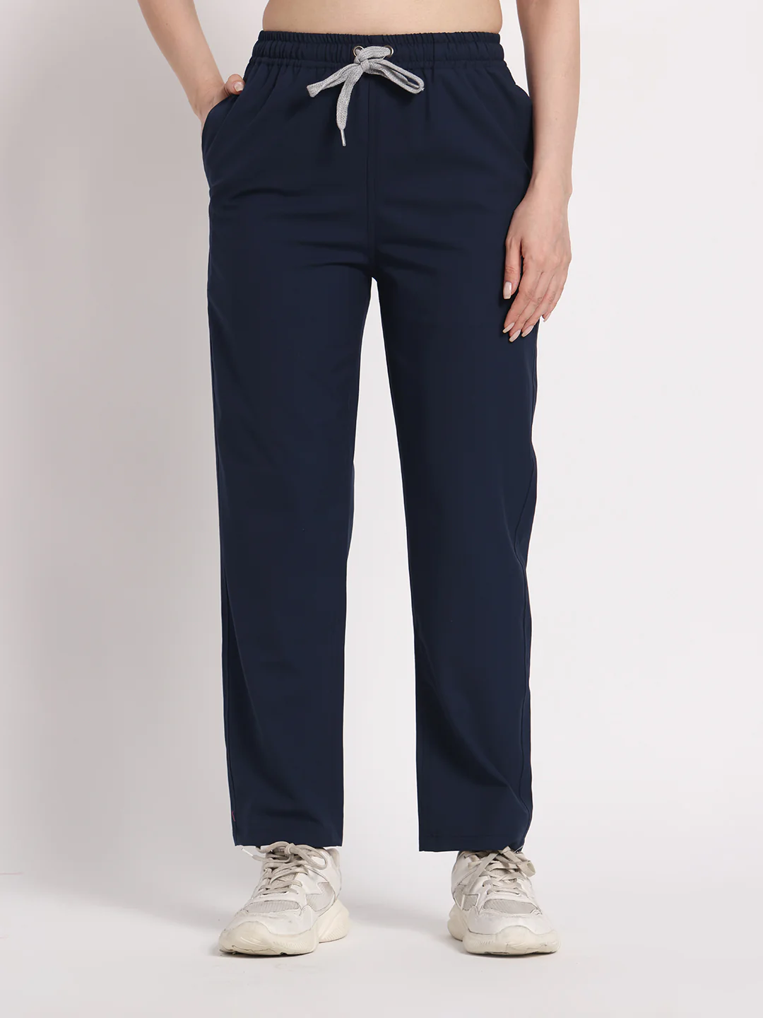 Stretchable (4Way) Navy Blue Women Flex Zip Neckline Top With Straight Pants - Image 6