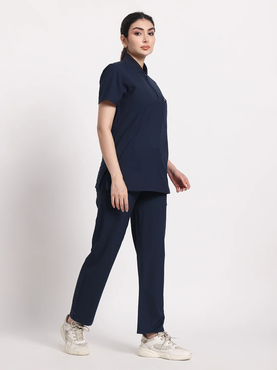 Stretchable (4Way) Navy Blue Women Flex Zip Neckline Top With Straight Pants - Image 7