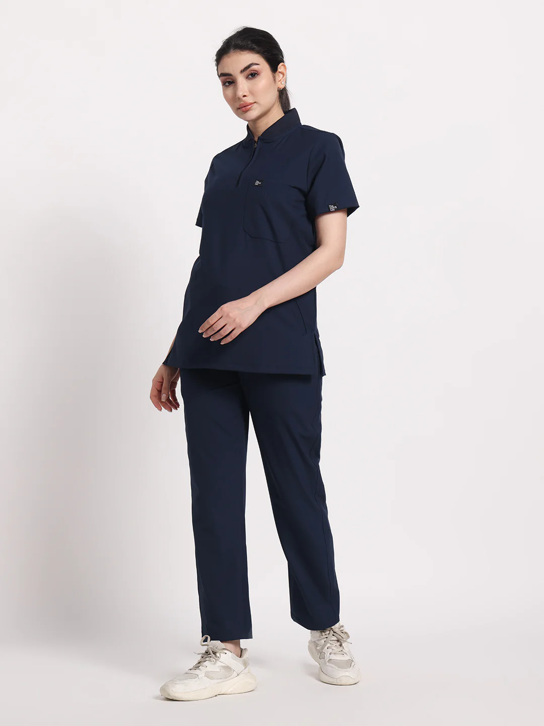 Stretchable (4Way) Navy Blue Women Flex Zip Neckline Top With Straight Pants - Image 8