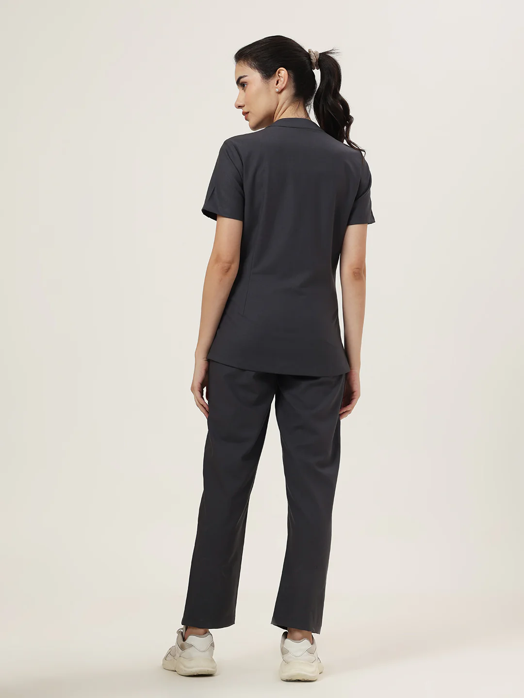 Stretchable (4Way) Women Charcoal Grey Mandarin Neck With Straight Pant Set - Image 3