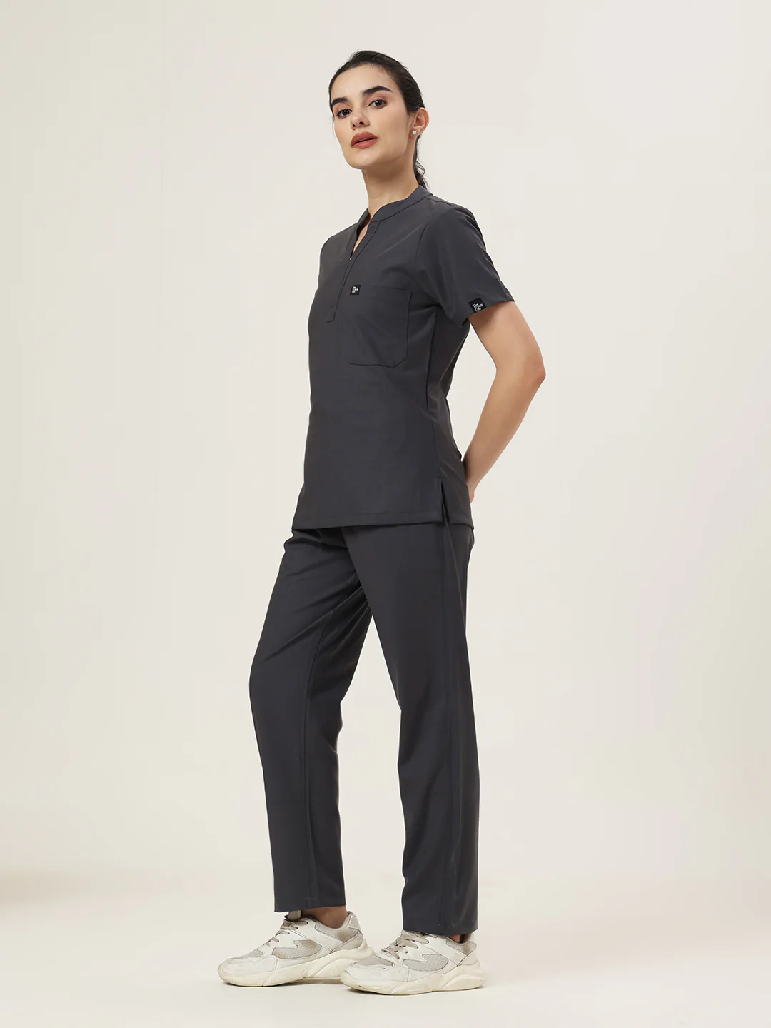 Stretchable (4Way) Women Charcoal Grey Mandarin Neck With Straight Pant Set - Image 4