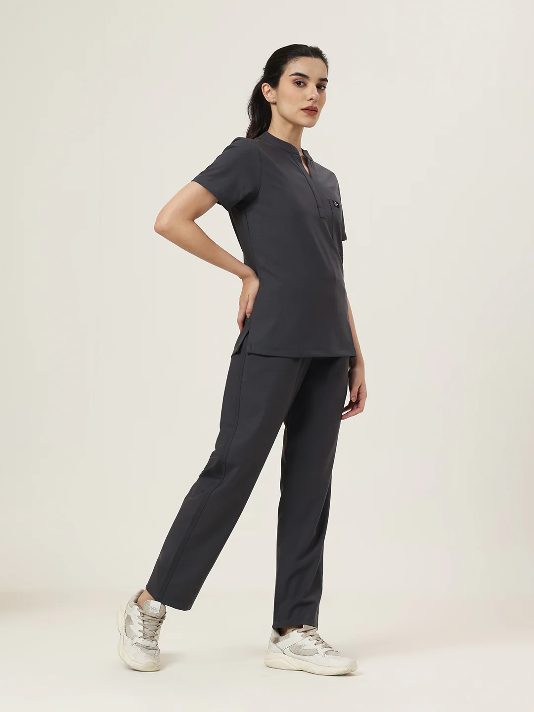 Stretchable (4Way) Women Charcoal Grey Mandarin Neck With Straight Pant Set - Image 5