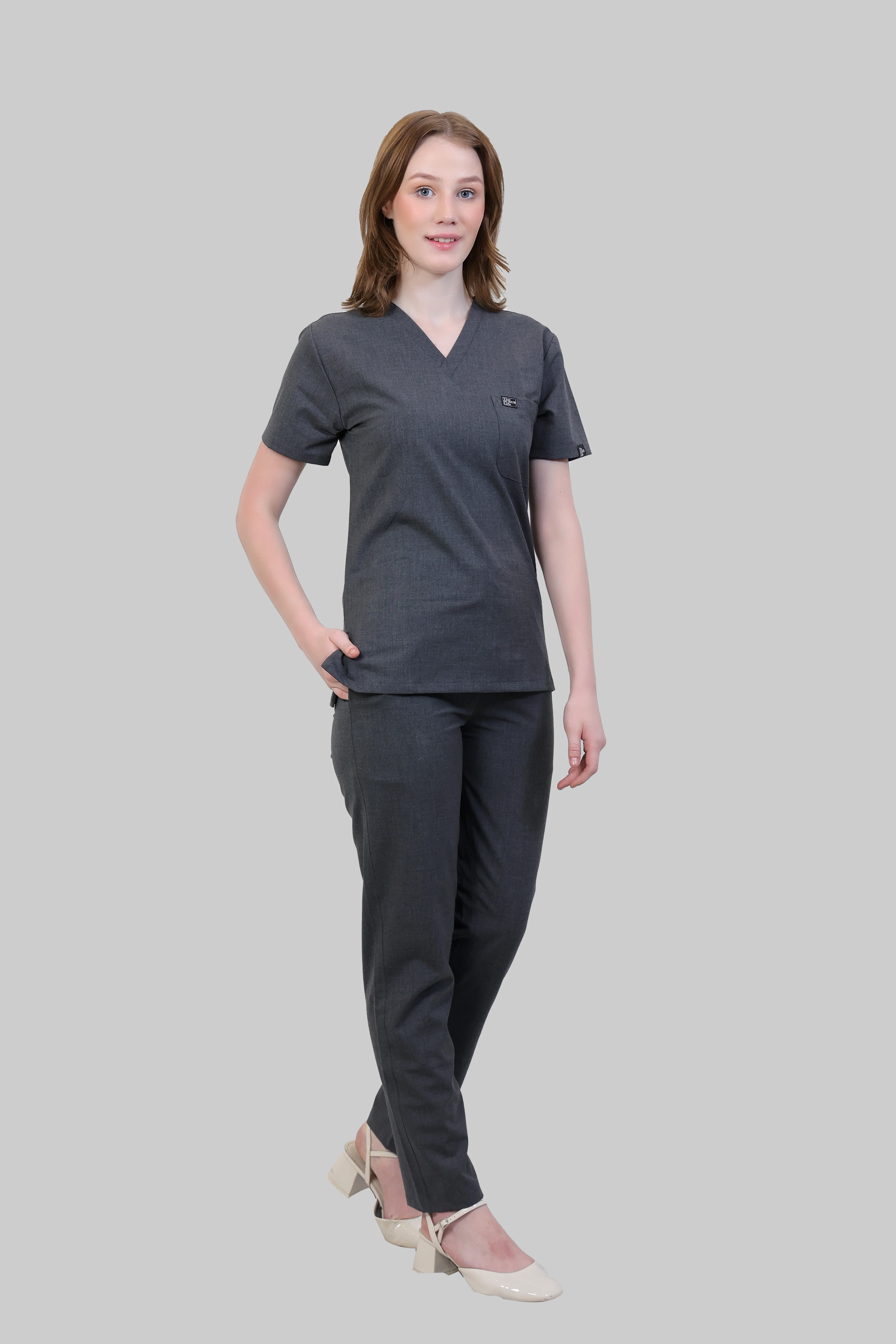 Stretchable (4Way) Women Charcoal Grey V Neck With Straight Pant Scrub Set - Image 3