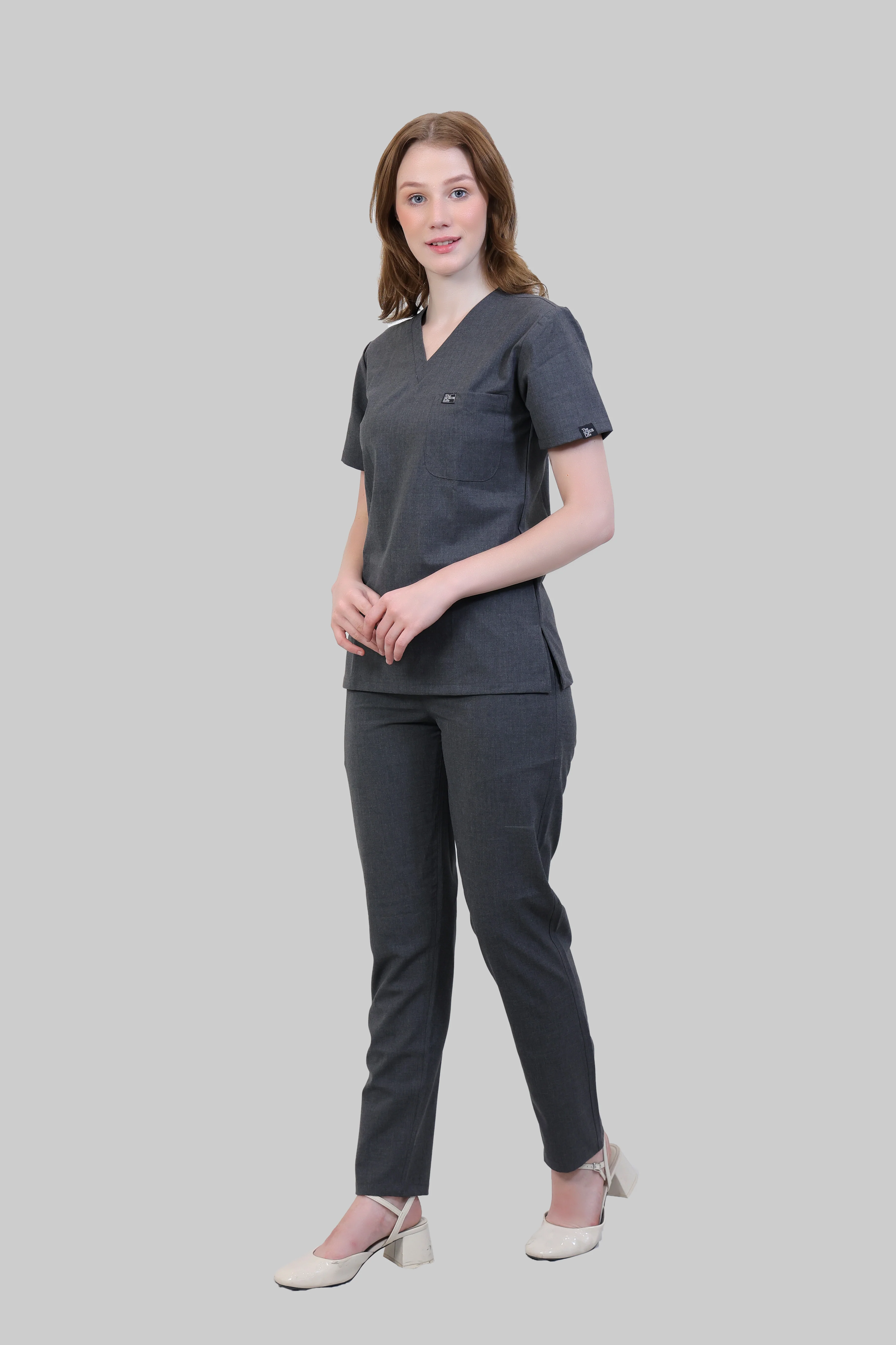 Stretchable (4Way) Women Charcoal Grey V Neck With Straight Pant Scrub Set - Image 4
