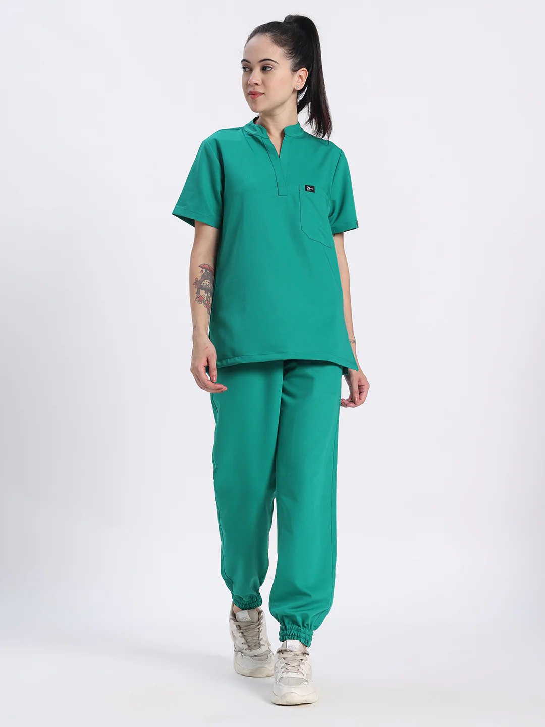 Stretchable (4Way) Women Sea Green Mandarin Neck With Jogger Scrub Set - Image 6
