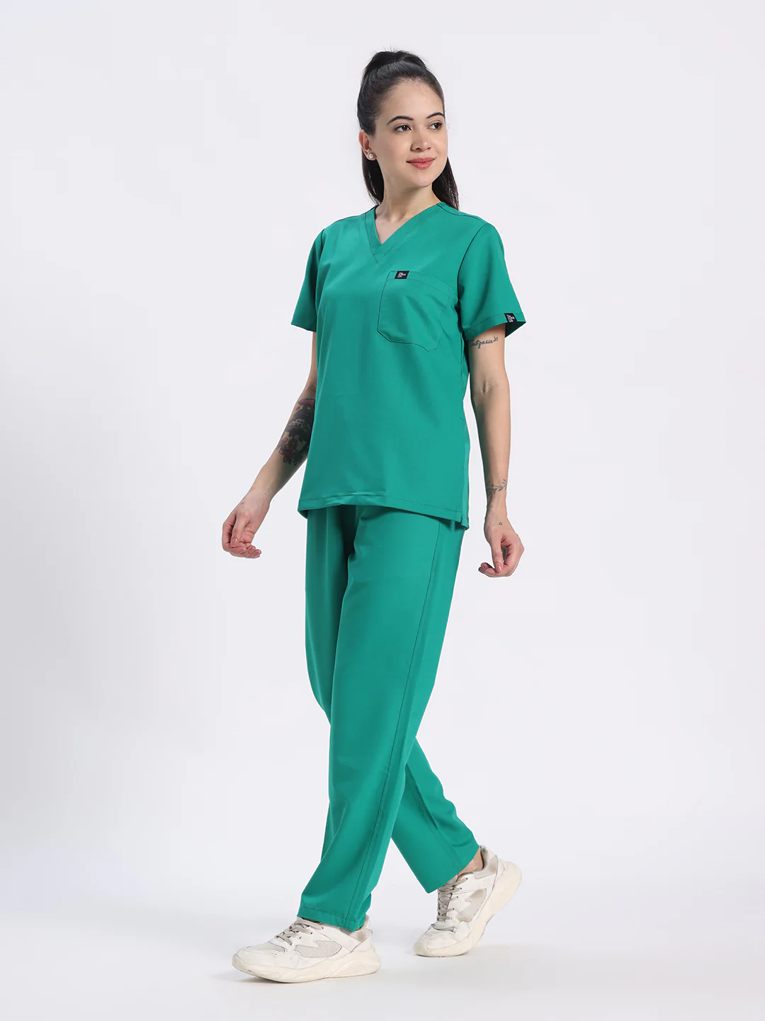 Stretchable (4Way) Women Sea Green V-Neck With Straight Pant Scrub Set - Image 3