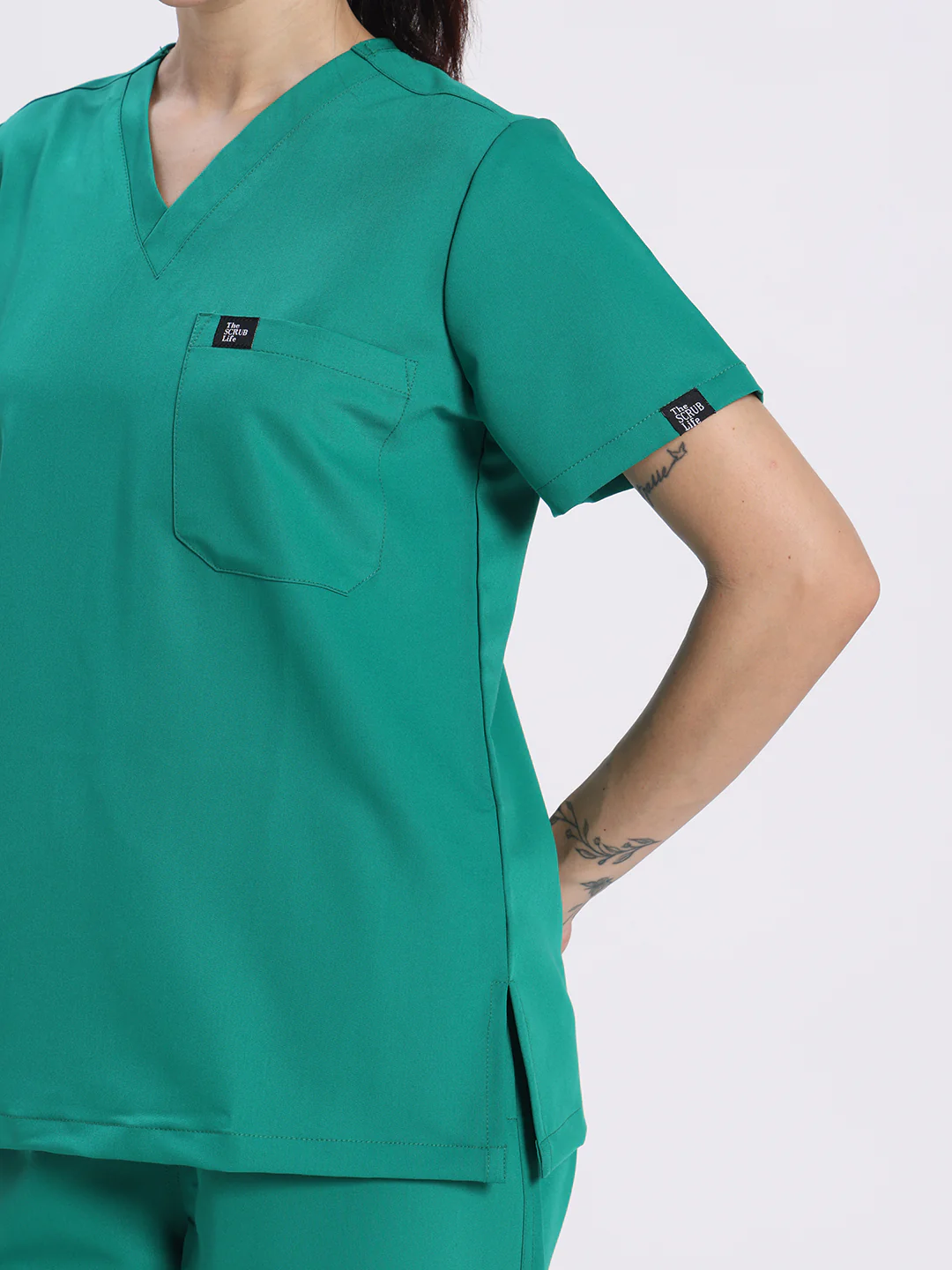 Stretchable (4Way) Women Sea Green V-Neck With Straight Pant Scrub Set - Image 4