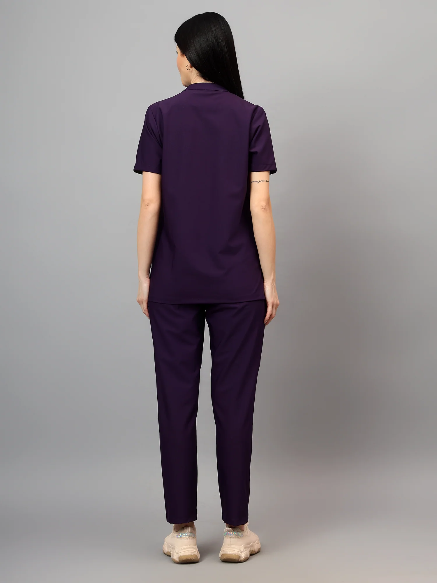 Stretchable (4Way) Female Violet Mandarin Neck With Straight Pant Set - Image 8
