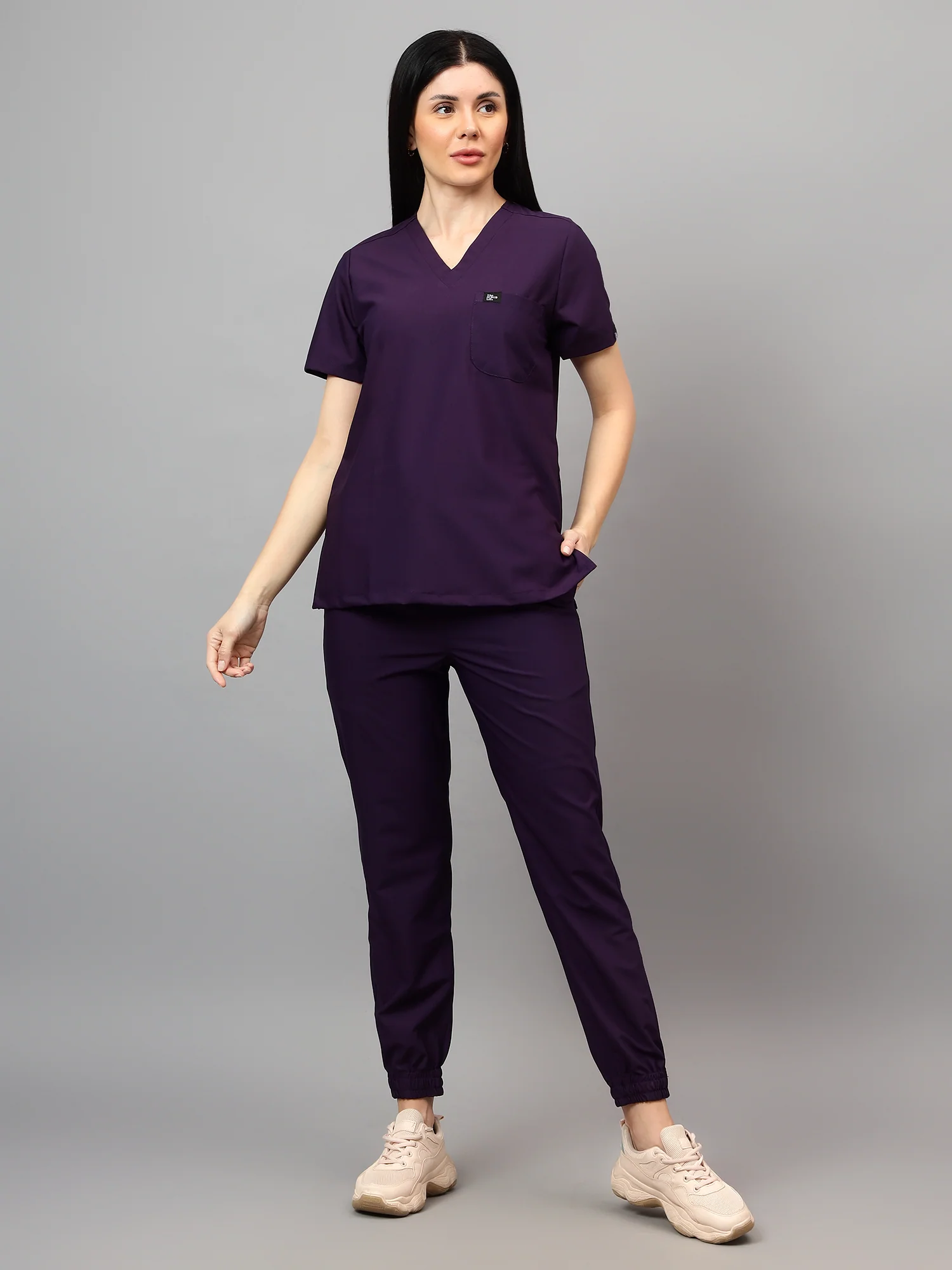 Stretchable (4Way) Female Violet V-Neck With Jogger Scrub Set
