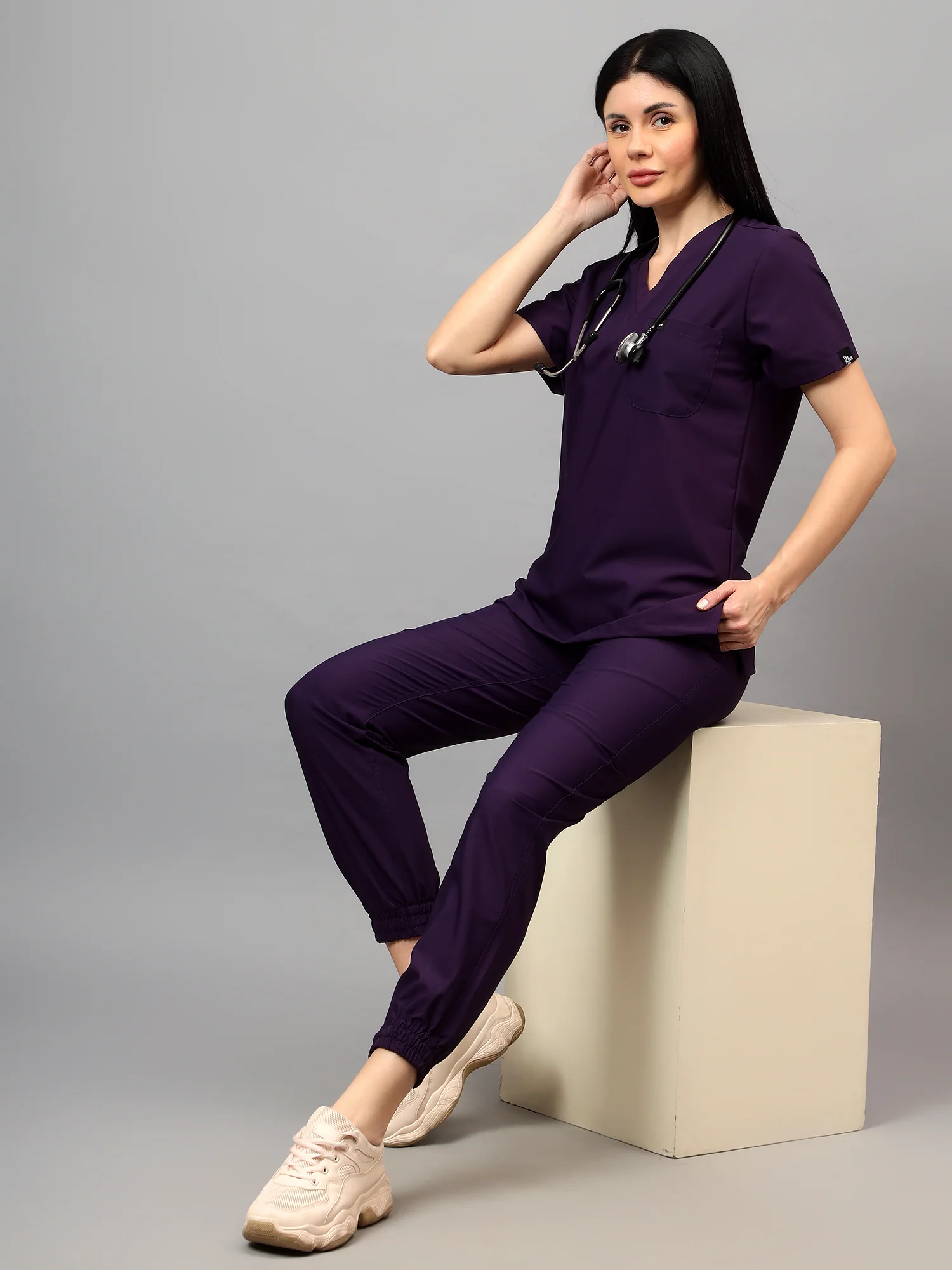 Stretchable (4Way) Female Violet V-Neck With Jogger Scrub Set - Image 2