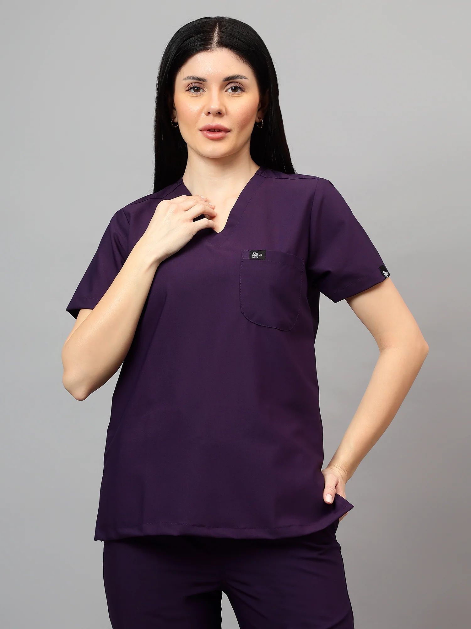 Stretchable (4Way) Female Violet V-Neck With Jogger Scrub Set - Image 6
