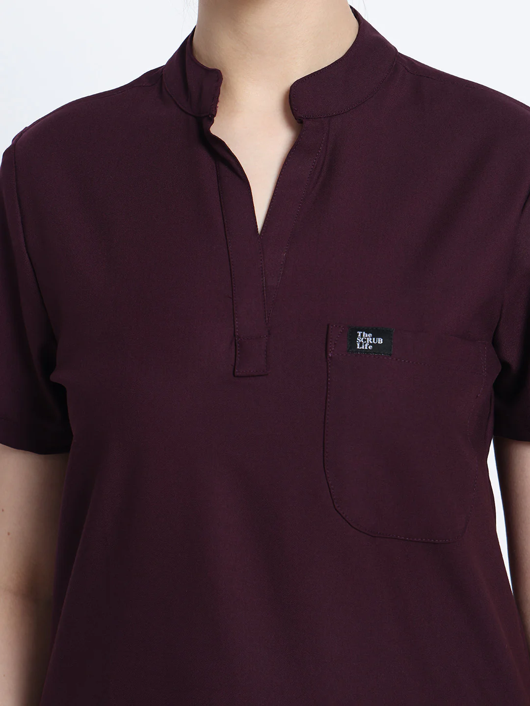 Stretchable (4Way) Women Wine Mandarin Neck Scrub Top