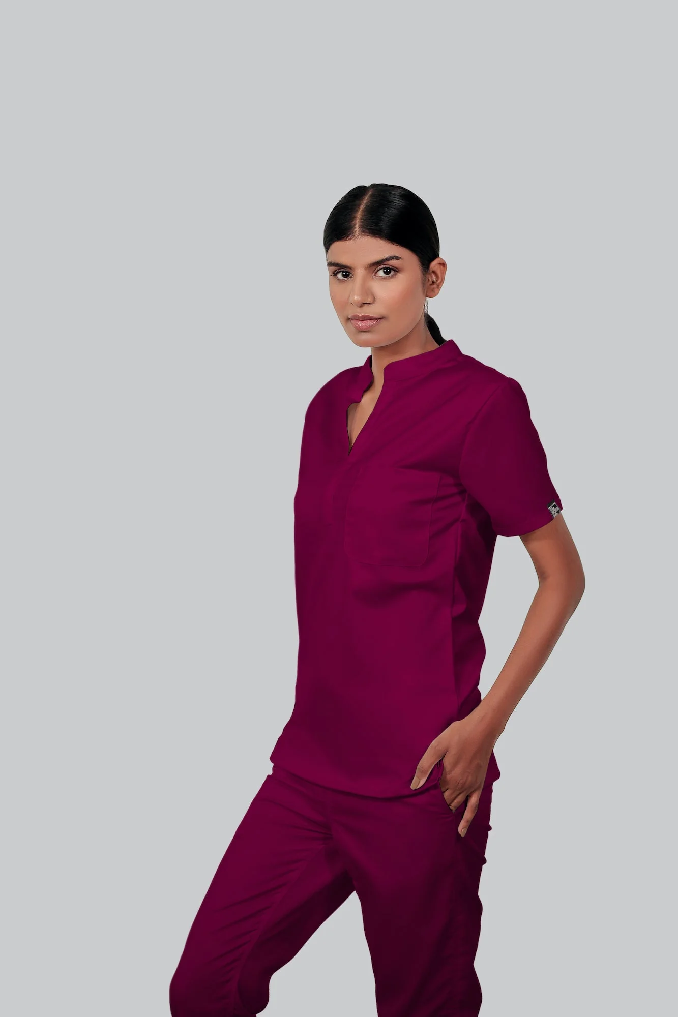 Stretchable (4Way) Women Wine Mandarin Neck With Jogger Scrub Set - Image 3