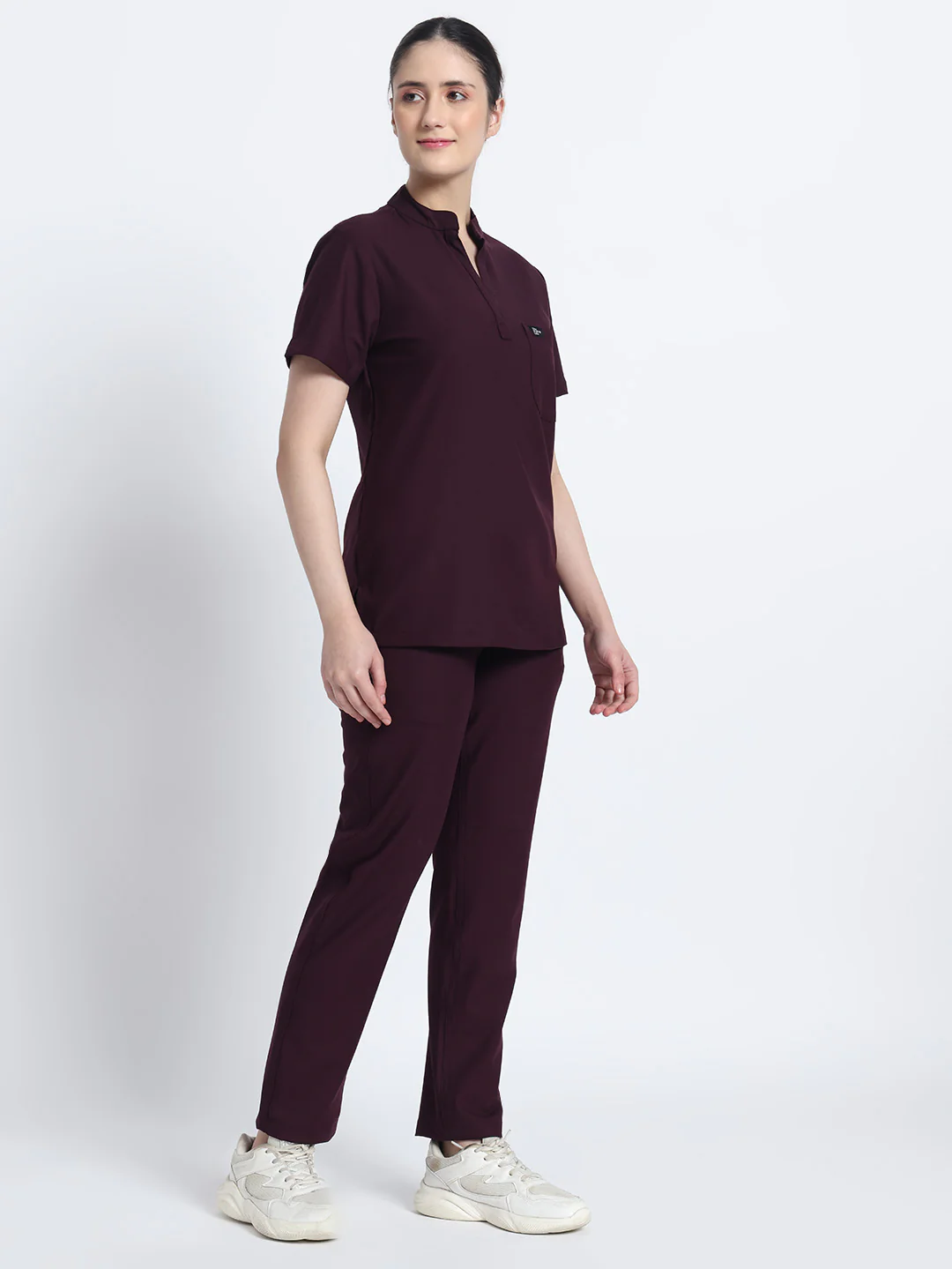 Stretchable (4Way) Women Wine Mandarin Neck With Straight Pant Scrub Set - Image 4