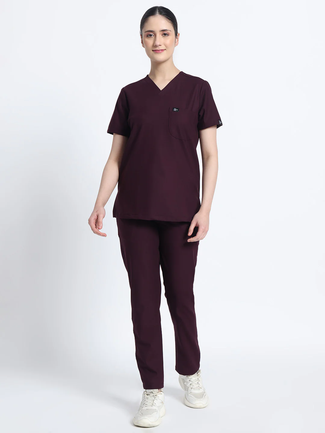 Stretchable (4Way) Women Wine V-Neck With Straight Pant Scrub Set