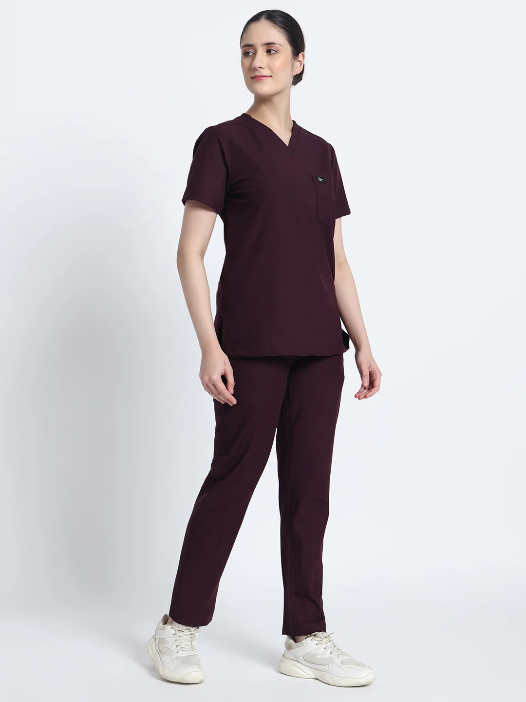 Stretchable (4Way) Women Wine V-Neck With Straight Pant Scrub Set - Image 3
