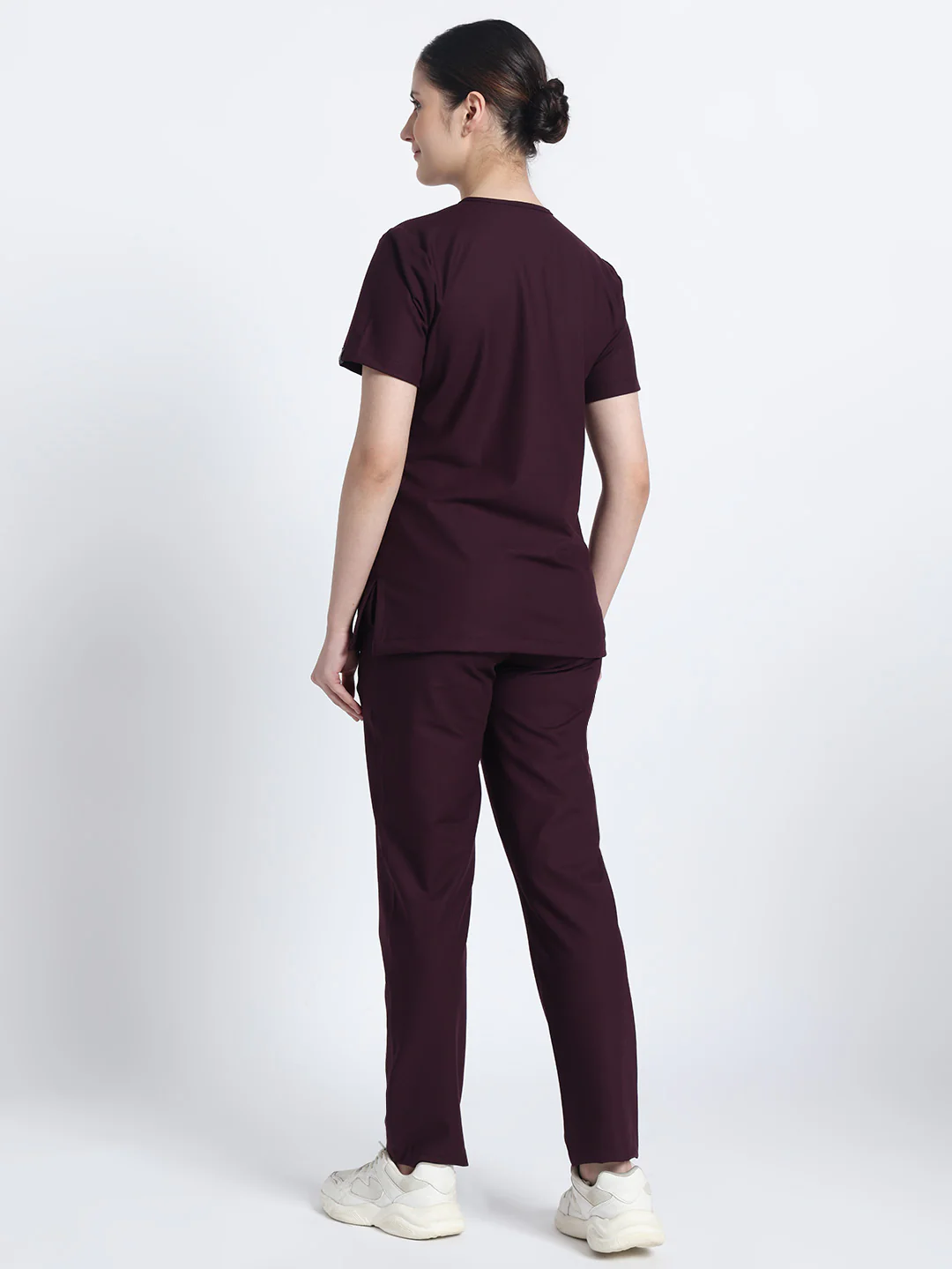Stretchable (4Way) Women Wine V-Neck With Straight Pant Scrub Set - Image 4