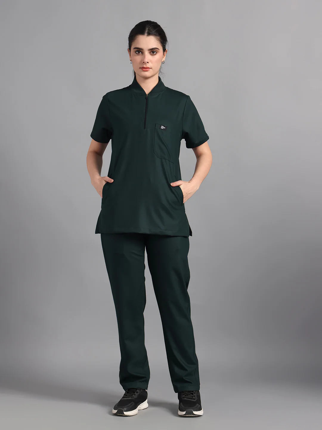 Stretchable (4Way) Midnight Green Women Flex Zip Neckline Top With Straight Pants - Image 4