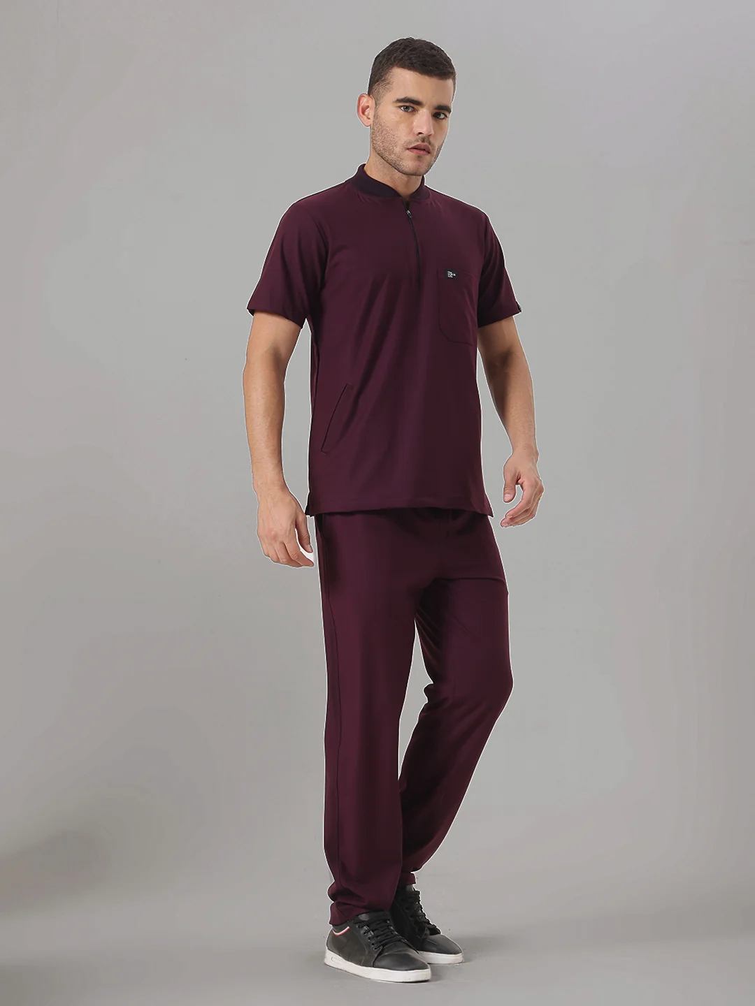 Stretchable (4Way) Wine Men Flex Zip Neckline Top With Straight Pants - Image 3