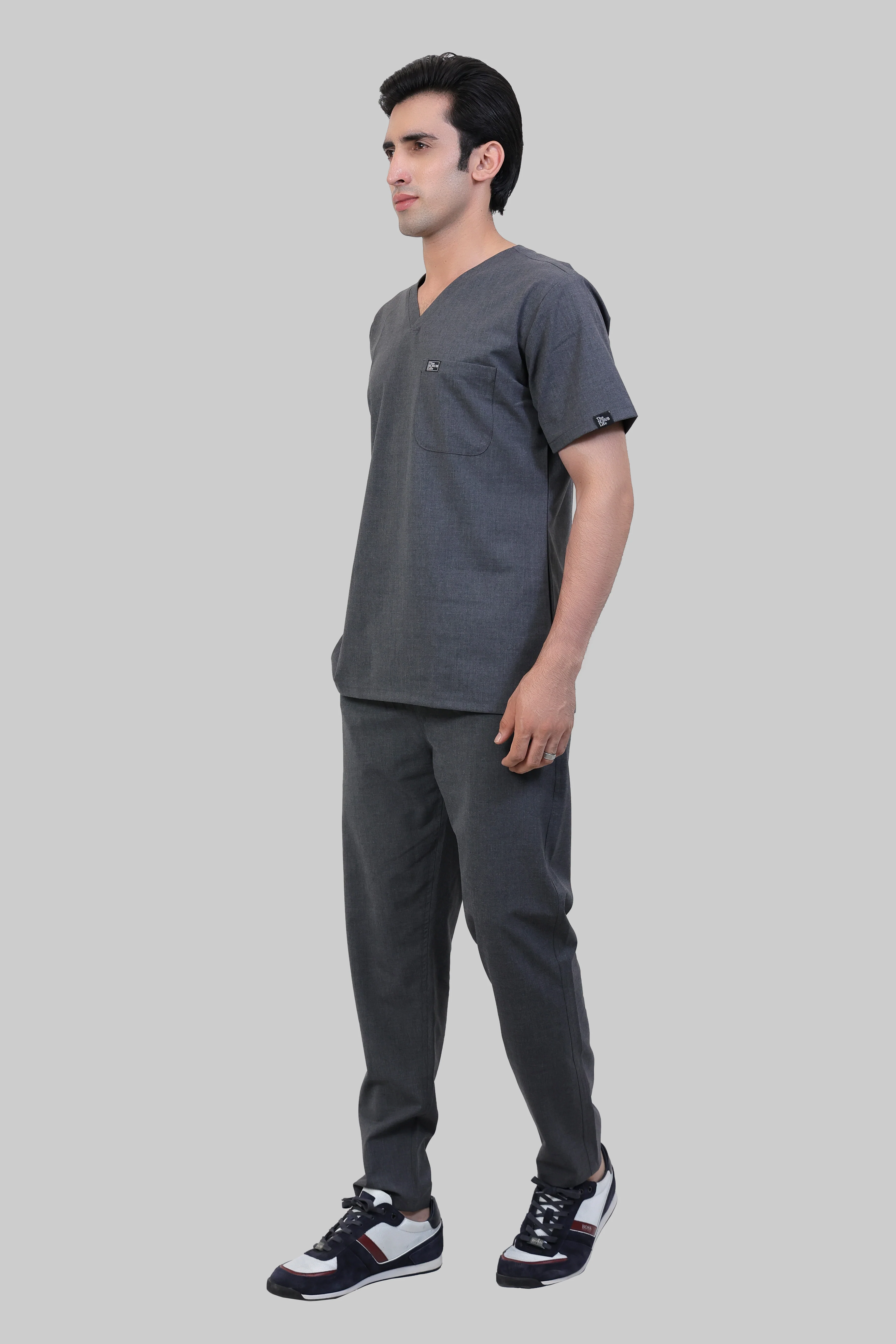 Stretchable (4Way) Men Charcoal Grey V-Neck With Straight Pant Scrub Set - Image 3