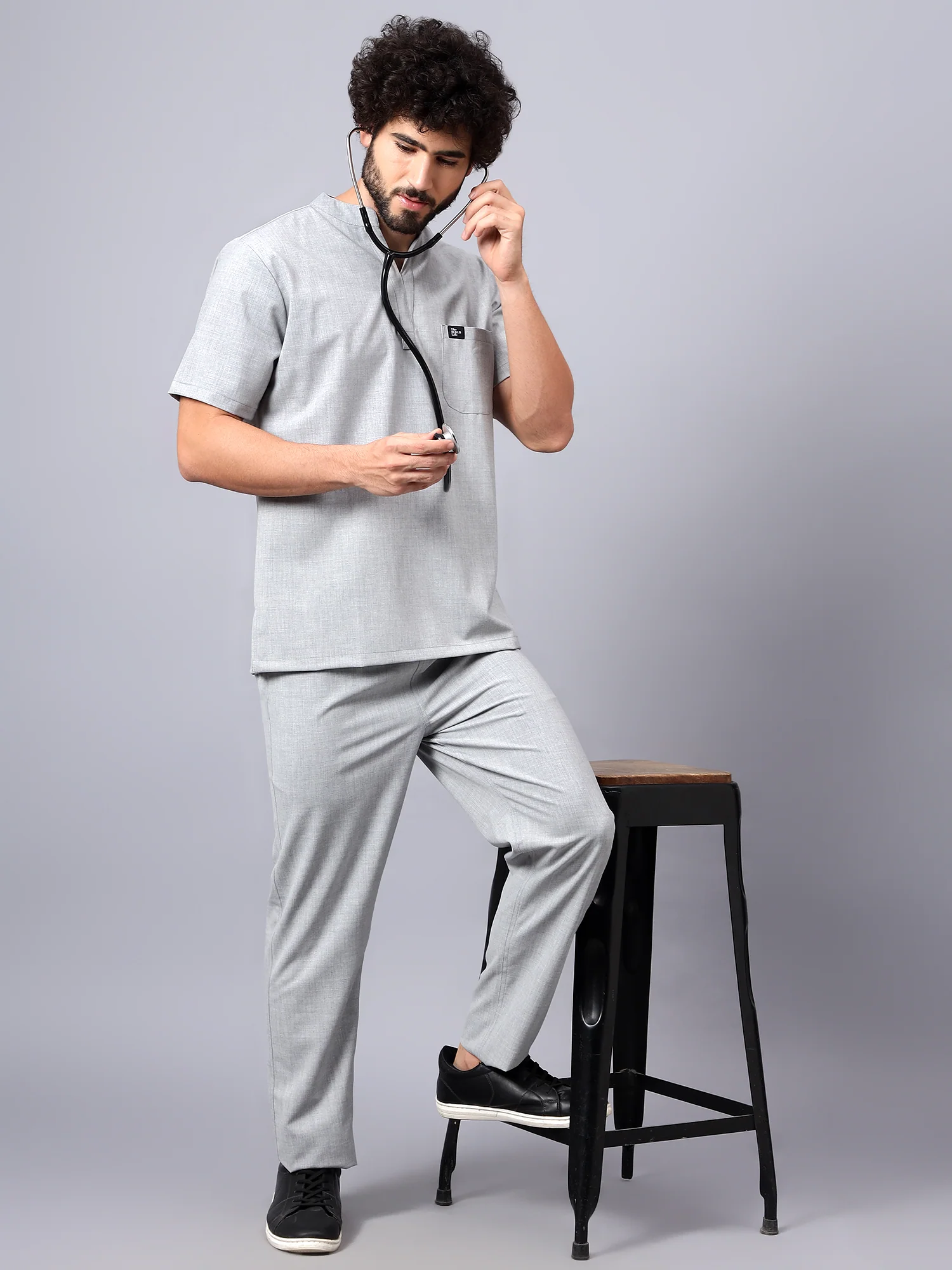 Stretchable (4Way) Men Light Grey Mandarin Neck with Straight Pant Scrub Set - Image 2