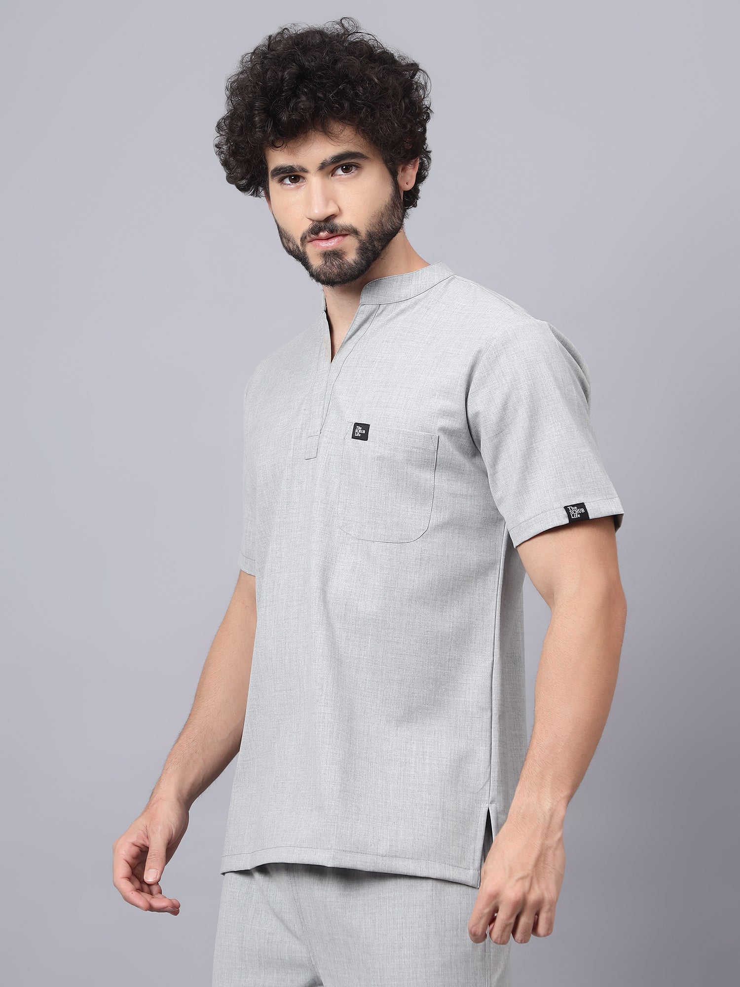 Stretchable (4Way) Men Light Grey Mandarin Neck with Straight Pant Scrub Set - Image 5