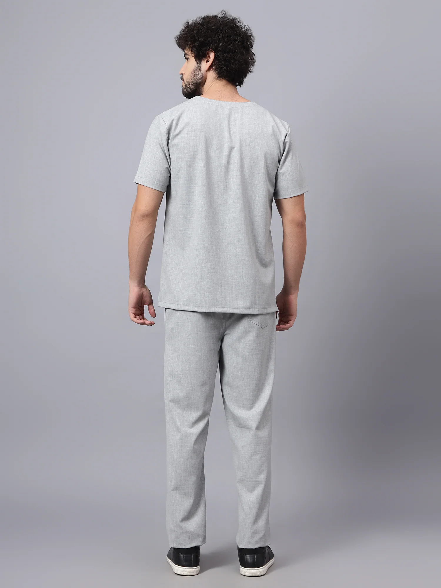 Stretchable (4Way) Men Light Grey V-Neck With Straight Pant Scrub Set - Image 3