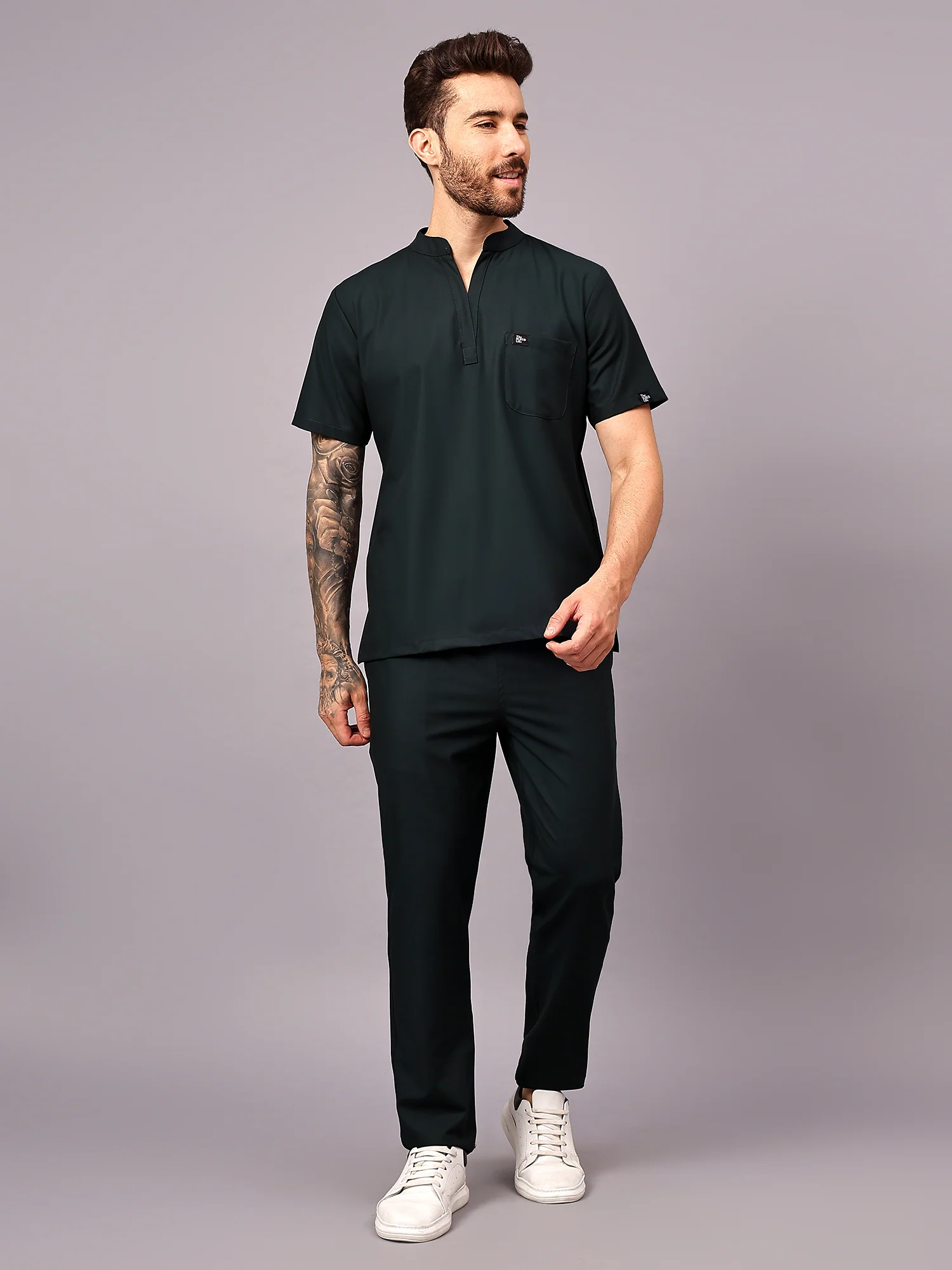 Stretchable (4Way) Men Mid Night Green Mandarin Neck with Straight Pant Scrub Set