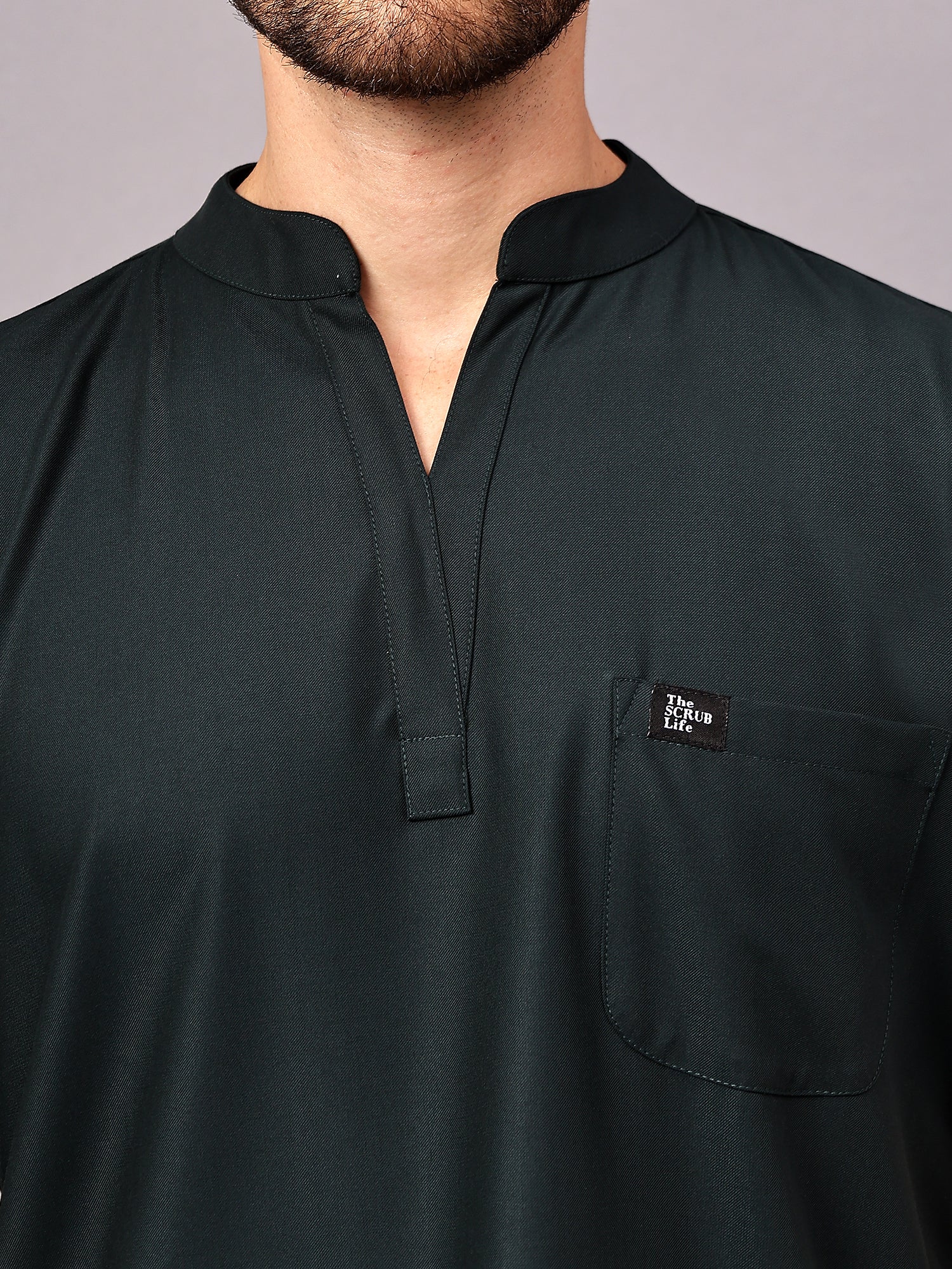 Stretchable (4Way) Men Mid Night Green Mandarin Neck with Straight Pant Scrub Set - Image 2