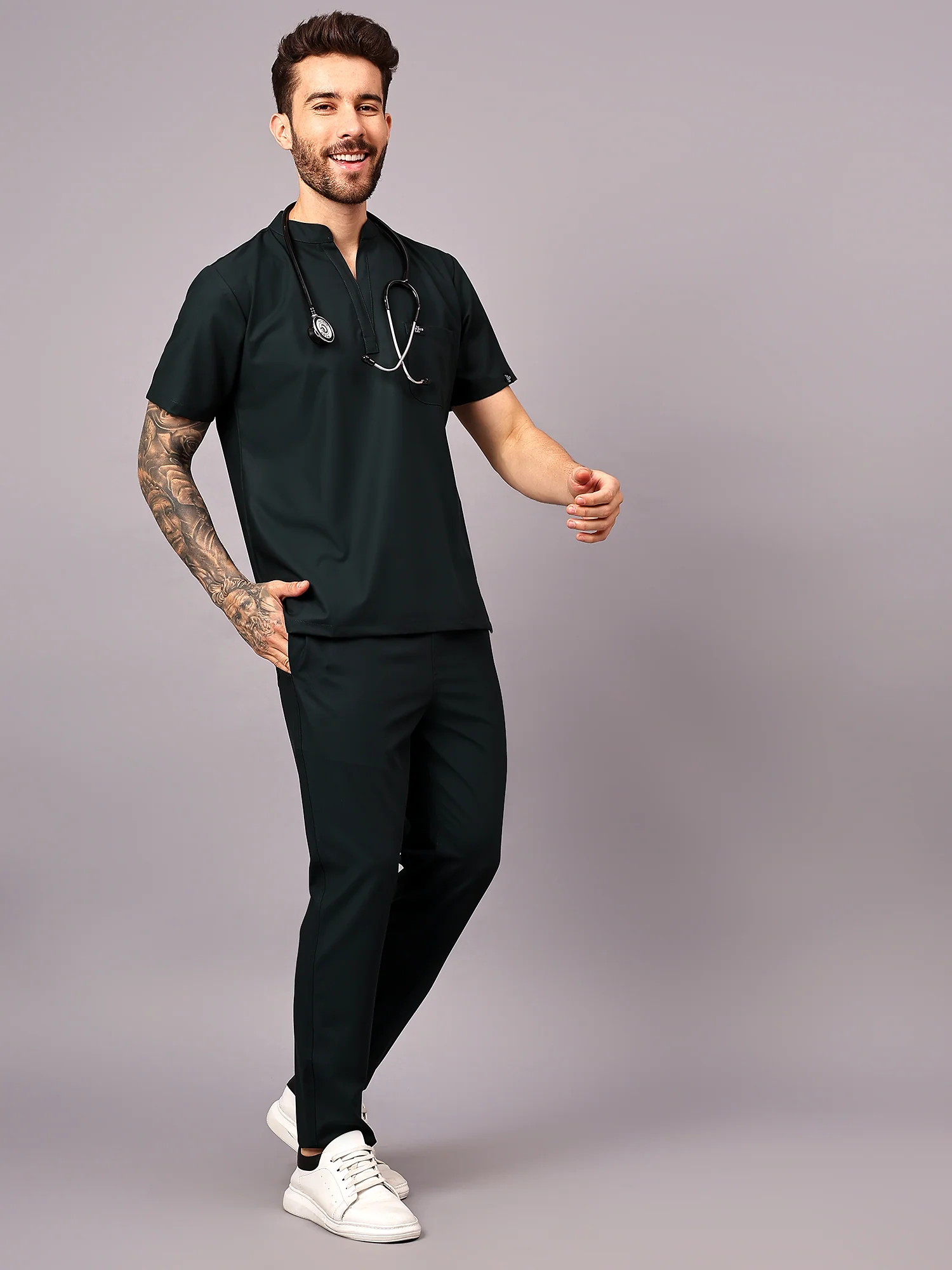 Stretchable (4Way) Men Mid Night Green Mandarin Neck with Straight Pant Scrub Set - Image 3