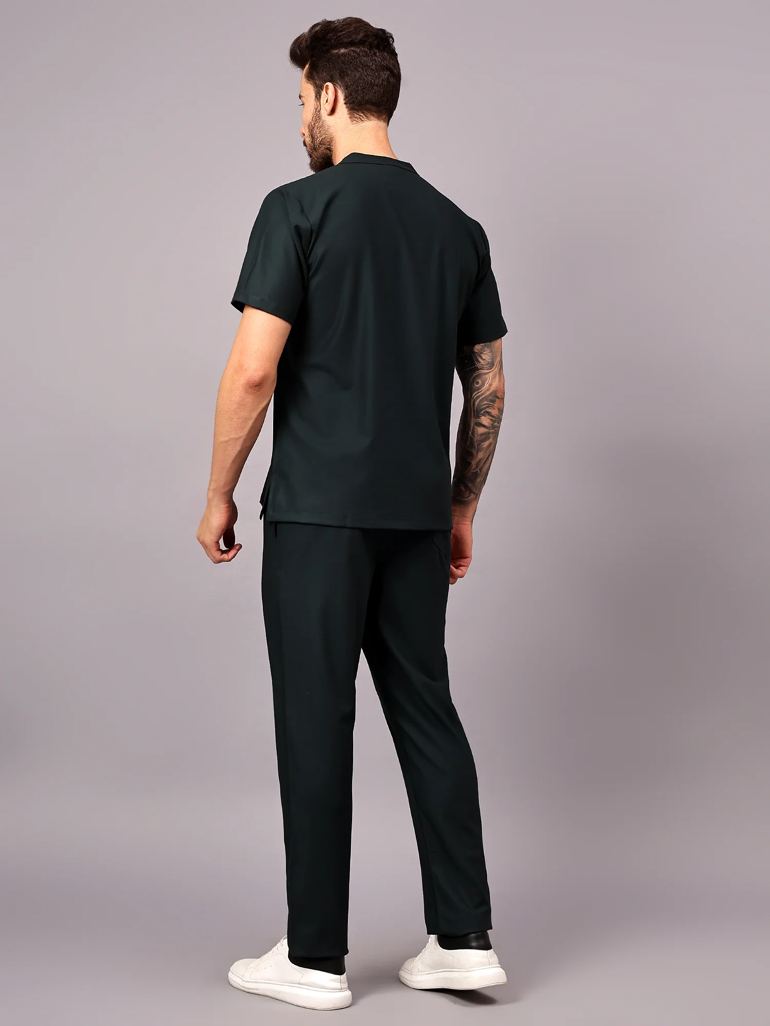 Stretchable (4Way) Men Mid Night Green Mandarin Neck with Straight Pant Scrub Set - Image 4