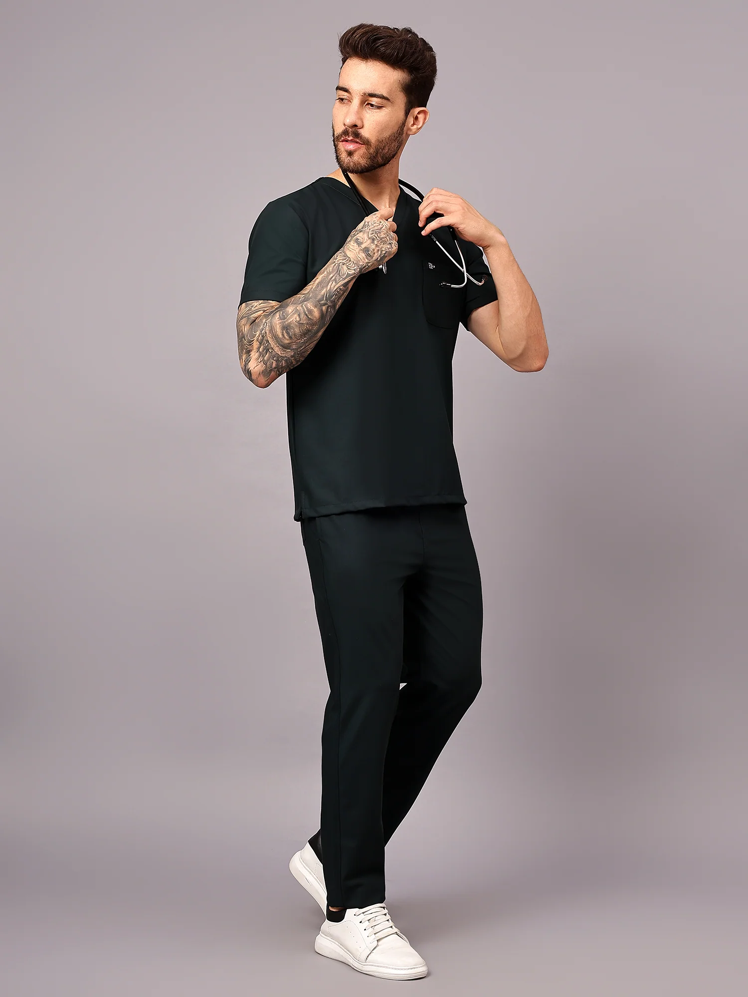 Stretchable (4Way) Men Mid Night Green V-Neck With Straight Pant Scrub Set - Image 4