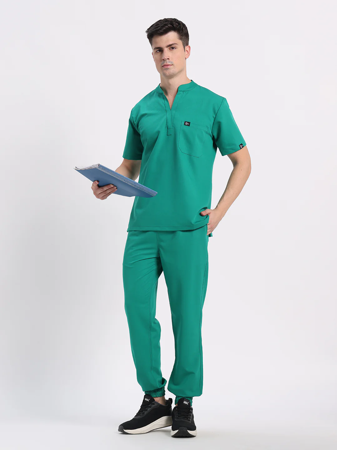 Stretchable (4Way) Men Sea Green Mandarin Neck with Jogger Scrub Set