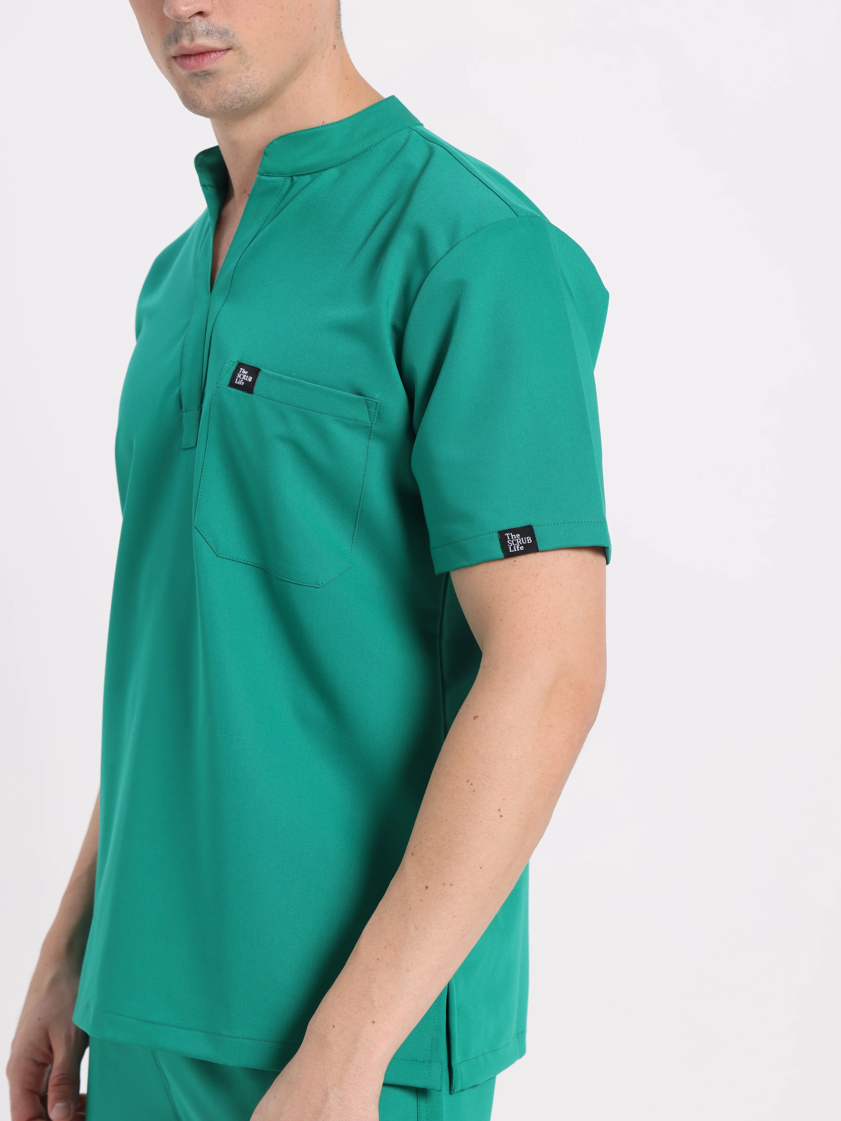 Stretchable (4Way) Men Sea Green Mandarin Neck with Jogger Scrub Set - Image 2